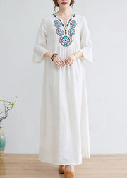 Boho White V Neck Embroideried Cotton A Line Dress Bracelet Sleeve