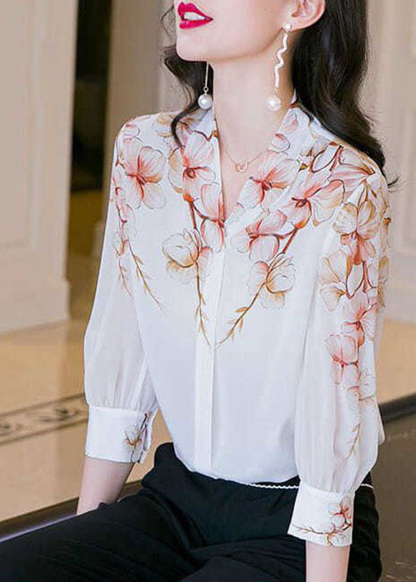 Boho White V Neck Print Patchwork Silk Shirt Top Summer