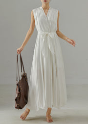 Boho White V Neck Tie Waist Cotton Dress Sleeveless