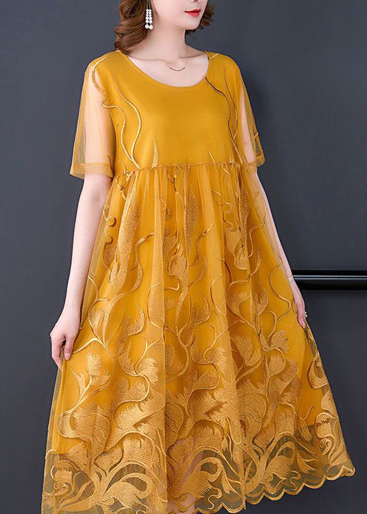 Boho Yellow Embroideried Hollow Out Tulle Dress Summer