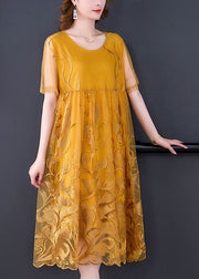 Boho Yellow Embroideried Hollow Out Tulle Dress Summer