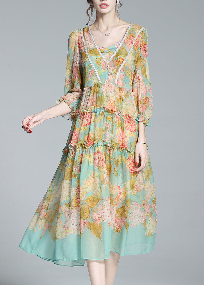 Boho Yellow Green V Neck Print Patchwork Ruffled Maxi Dresses Summer