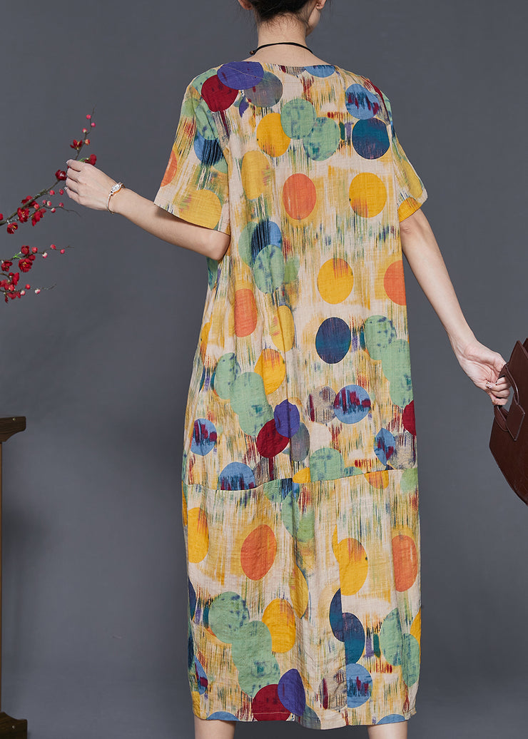 Boho Yellow O-Neck Print Cotton Long Dresses Summer