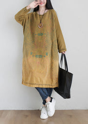 Boho Yellow O Neck Print Side Open Cotton Mid Dress Spring