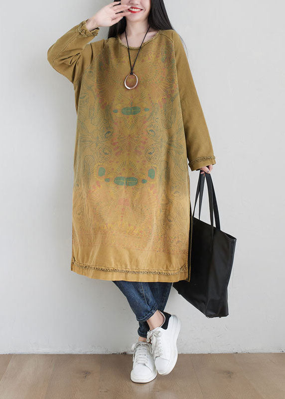 Boho Yellow O Neck Print Side Open Cotton Mid Dress Spring