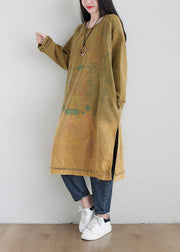 Boho Yellow O Neck Print Side Open Cotton Mid Dress Spring