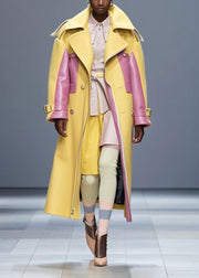 Boho Yellow Oversized Patchwork Faux Leather Coat Outwear Fall