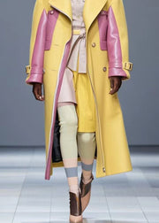 Boho Yellow Oversized Patchwork Faux Leather Coat Outwear Fall