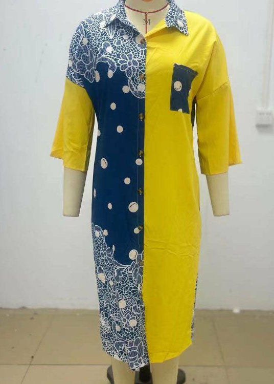 Boho Yellow Print Button Chiffon Shirts Dresses Spring