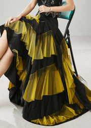 Boho Yellow Ruffled Patchwork Tulle Skirts Spring