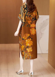 Boho Yellow Stand Collar Patchwork Print Silk Long Dresses Summer