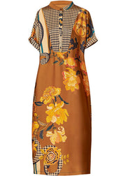 Boho Yellow Stand Collar Patchwork Print Silk Long Dresses Summer