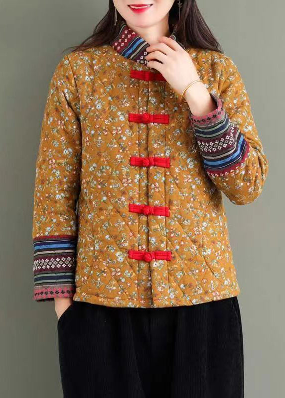 Boho Yellow Stand Collar Print Fine Cotton Filled Puffers Jackets Winter