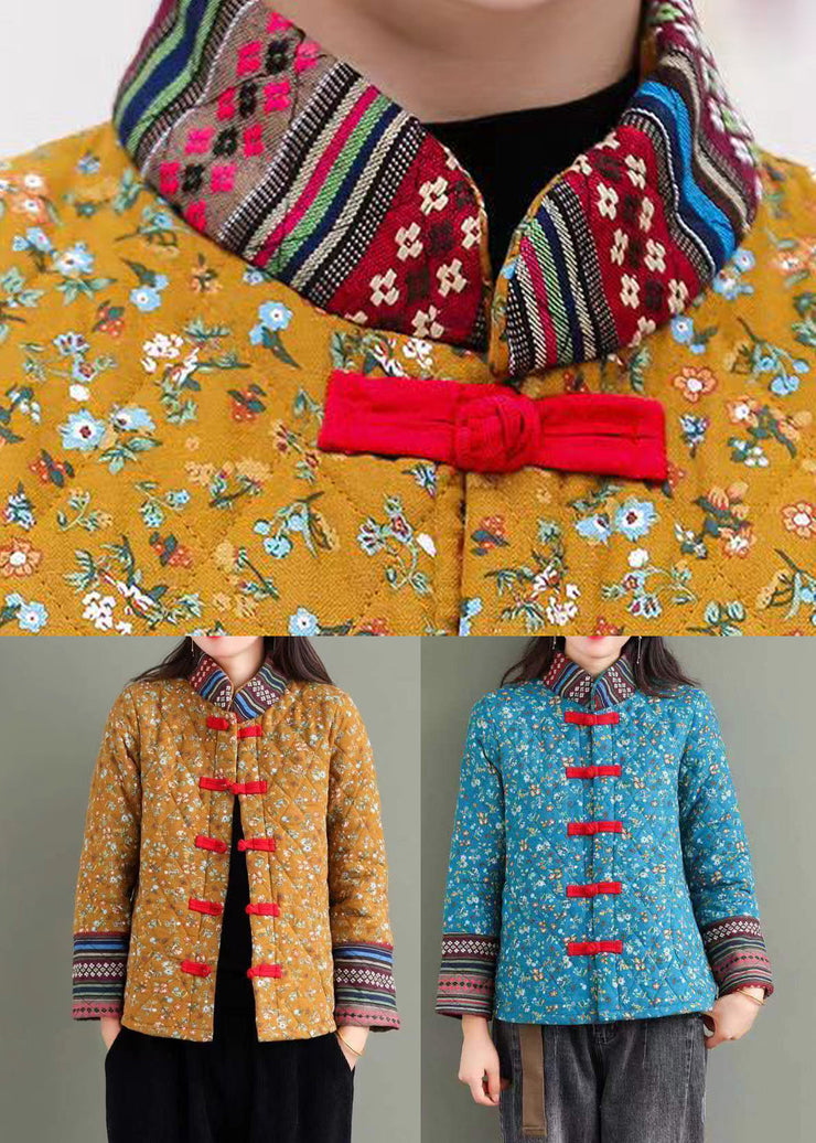 Boho Yellow Stand Collar Print Fine Cotton Filled Puffers Jackets Winter