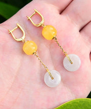 Boho Yellow Sterling Silver Overgild Jade Beeswax Drop Earrings