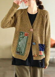 Boho Yellow V Neck Patchwork Applique Knit Cardigans Winter