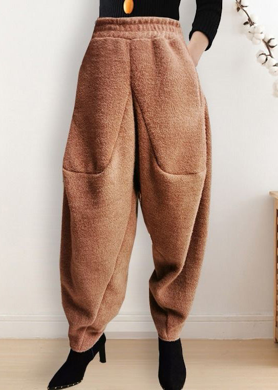 Boutique Apricot Mink Velvet Elastic Waist Warm Fleece Thick Woolen Lantern Pants Spring