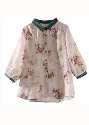 Boutique Apricot Peter Pan Collar Print Patchwork Linen Shirt Tops Summer