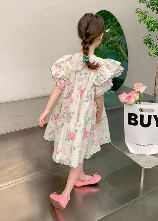 Boutique Apricot Print Patchwork Cotton Kids Girls Dresses Butterfly Sleeve