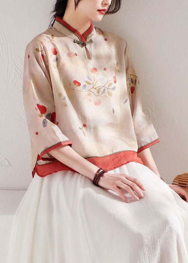 Boutique Apricot Stand Collar Print Linen Blouses Summer