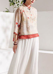 Boutique Apricot Stand Collar Print Linen Blouses Summer