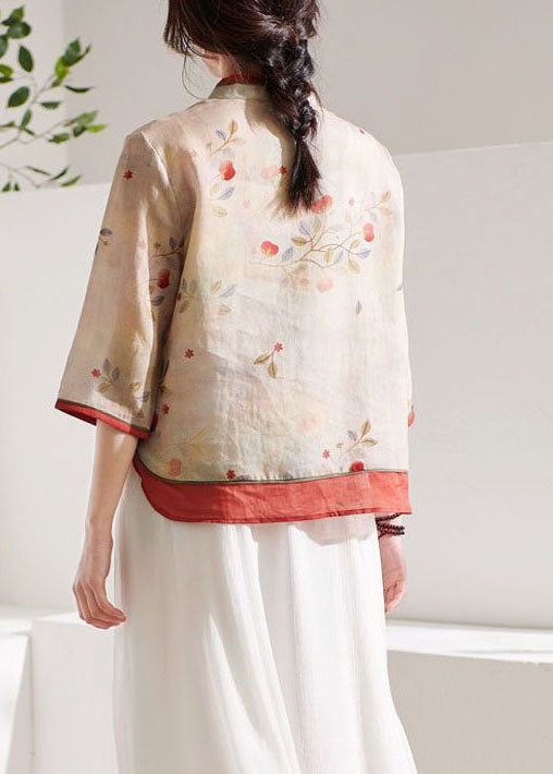 Boutique Apricot Stand Collar Print Linen Blouses Summer