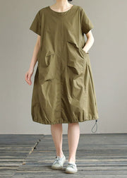 Boutique Army Green O Neck Ruffled Patchwork Cotton Dress Summer