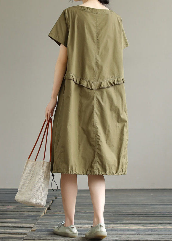 Boutique Army Green O Neck Ruffled Patchwork Cotton Dress Summer