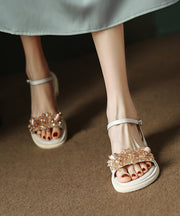 Boutique Beige Cowhide Leather CrystalSplicing Sandals Peep Toe