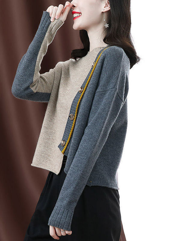 Boutique Beige Grey Asymmetrical Patchwork Chunky Oversized Knit Pullover Winter