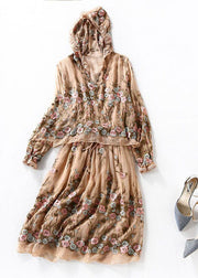 Boutique Beige Hooded Embroideried Patchwork Silk Fake Two Piece Dresses Spring