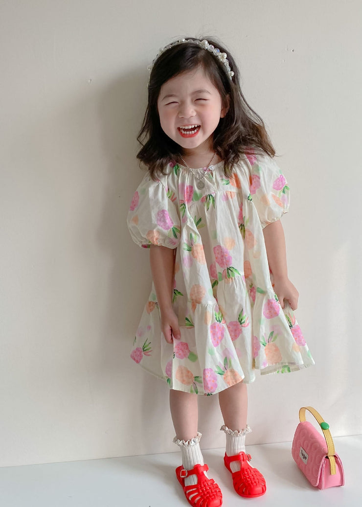 Boutique Beige Print Wrinkled Patchwork Cotton Kids Girls Dresses Summer