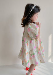 Boutique Beige Print Wrinkled Patchwork Cotton Kids Girls Dresses Summer