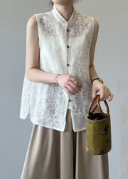 Boutique Beige Stand Collar Embroidered Tulle Waistcoat Summer