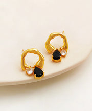 Boutique Black Asymmetrical Copper Glod Plated Zircon Glass Hoop Earringss