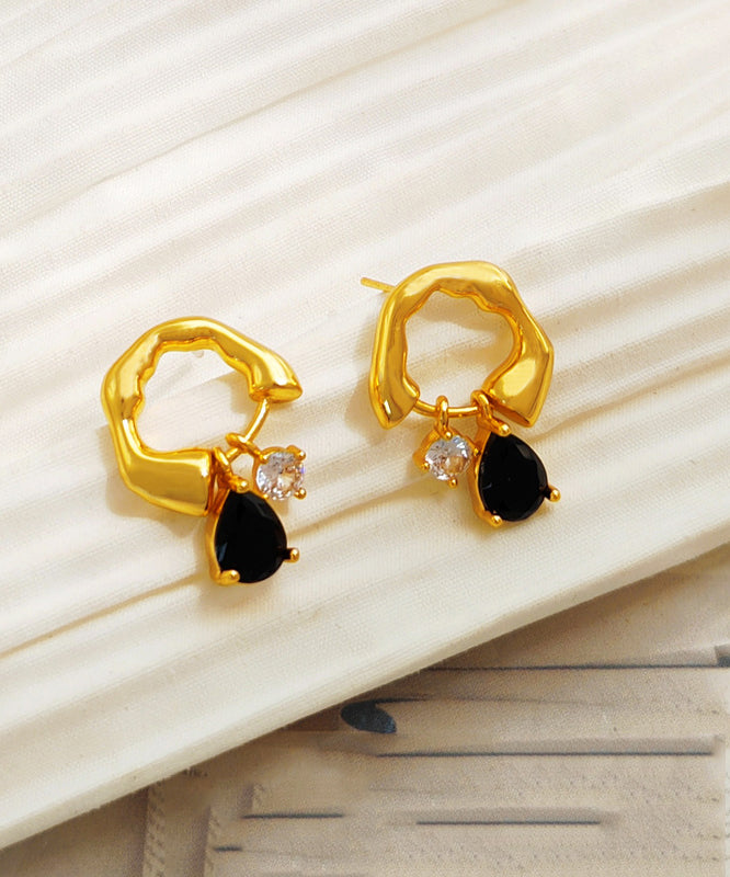 Boutique Black Asymmetrical Copper Glod Plated Zircon Glass Hoop Earringss