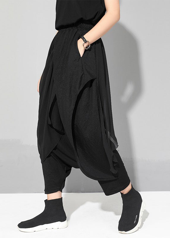 Boutique Black Asymmetrical Pockets Patchwork Elastic Waist Chiffon Pants Summer