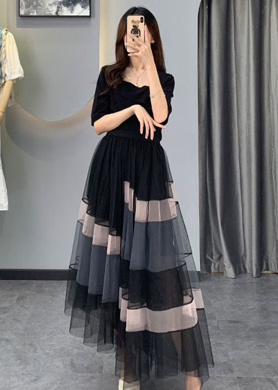 Boutique Black Asymmetrical Tulle Two Pieces Set Half Sleeve