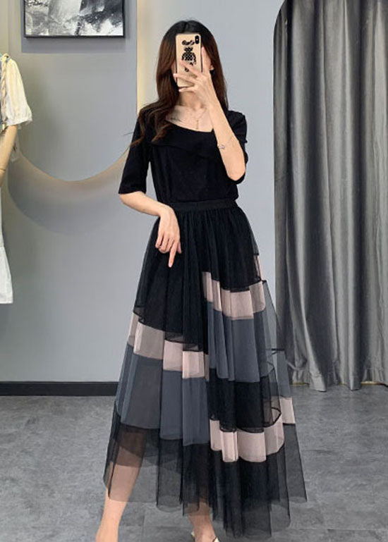 Boutique Black Asymmetrical Tulle Two Pieces Set Half Sleeve