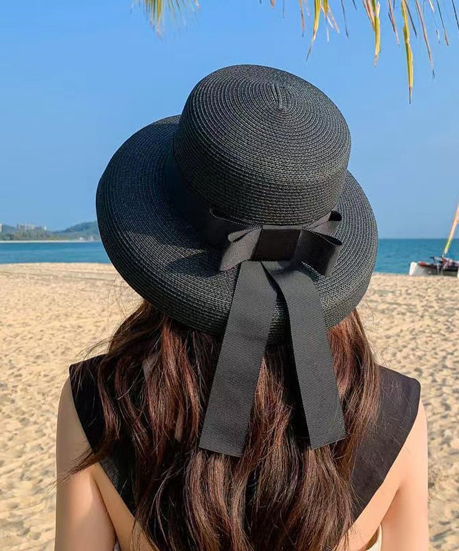 Boutique Black Bow Straw Woven Beach Sun Hat