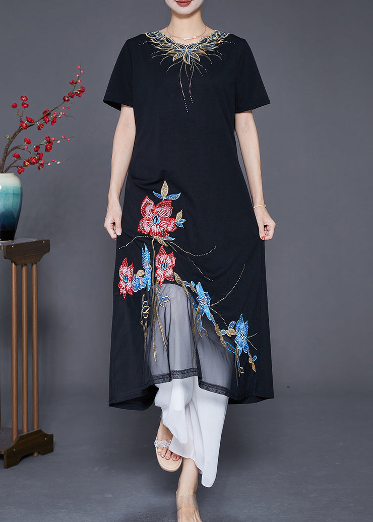 Boutique Black Embroideried Floral Patchwork Tulle Cotton Vacation Dresses Summer