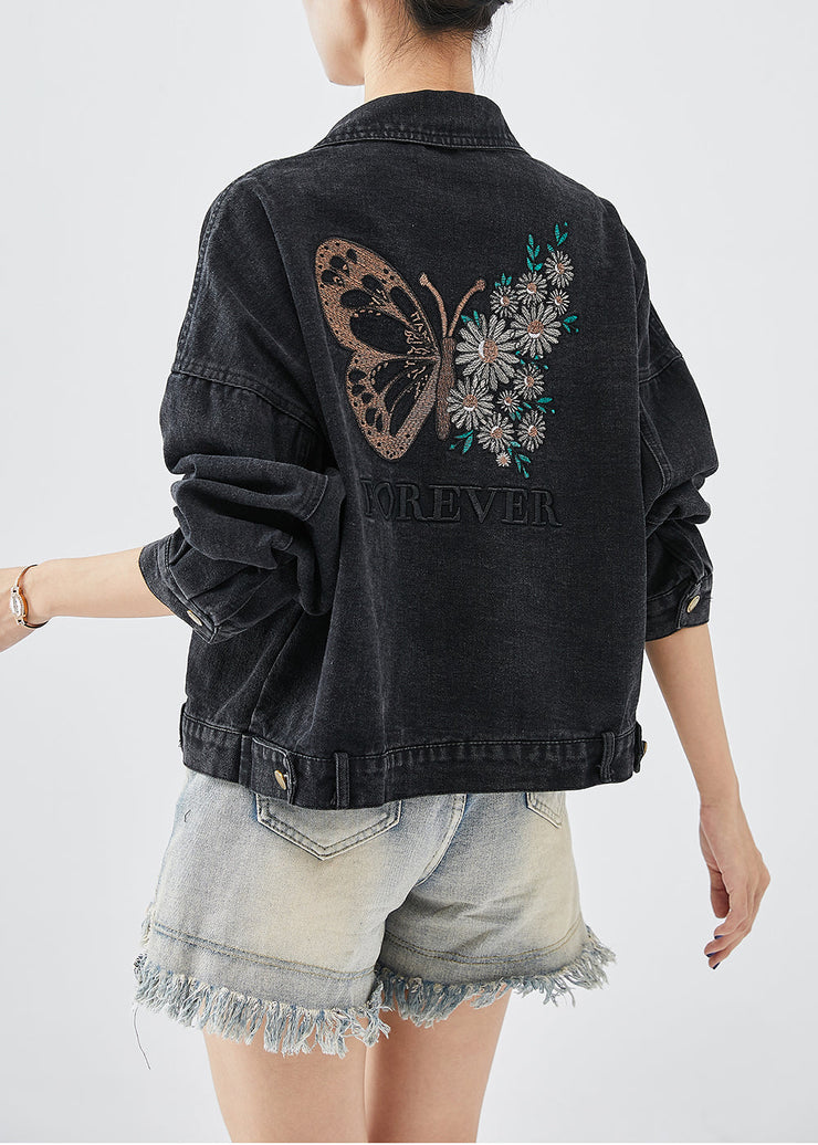 Boutique Black Embroidered Letter Butterfly Denim Jacket Fall