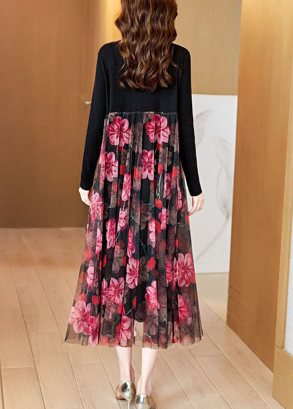 Boutique Black High Neck Patchwork Tulle Print Knit Maxi Dresses Spring