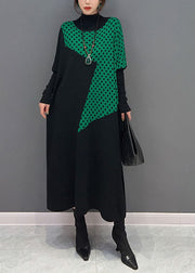 Boutique Black Hign Neck Dot Patchwork Knit Dresses Winter