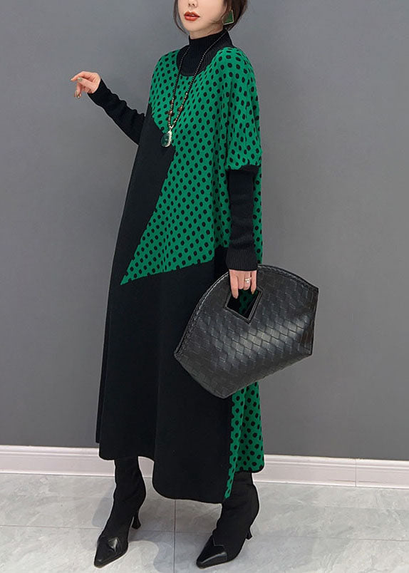 Boutique Black Hign Neck Dot Patchwork Knit Dresses Winter