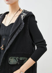 Boutique Black Hooded Patchwork Pockets Denim Vest Fall