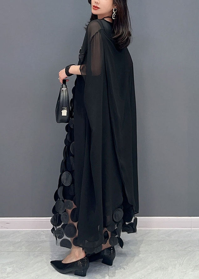 Boutique Black O-Neck Asymmetrical Patchwork Chiffon Two Piece Suit Set Summer