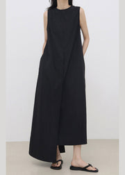 Boutique Black O-Neck Asymmetrical Patchwork Solid Maxi Dress Summer