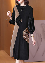 Boutique Black O-Neck Embroideried Floral Patchwork Wrinkled Velour Maxi Dresses Spring