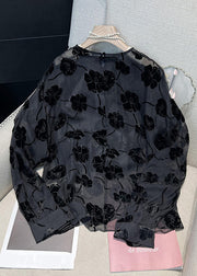 Boutique Black O Neck Jacquard Silk Velour Shirt Top Fall